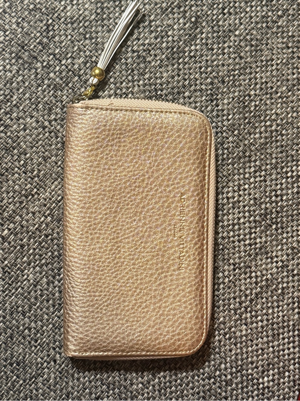 NWOT Adrienne Vittadini Studio Gold Pebbled Zip-Around Wallet with Tassel